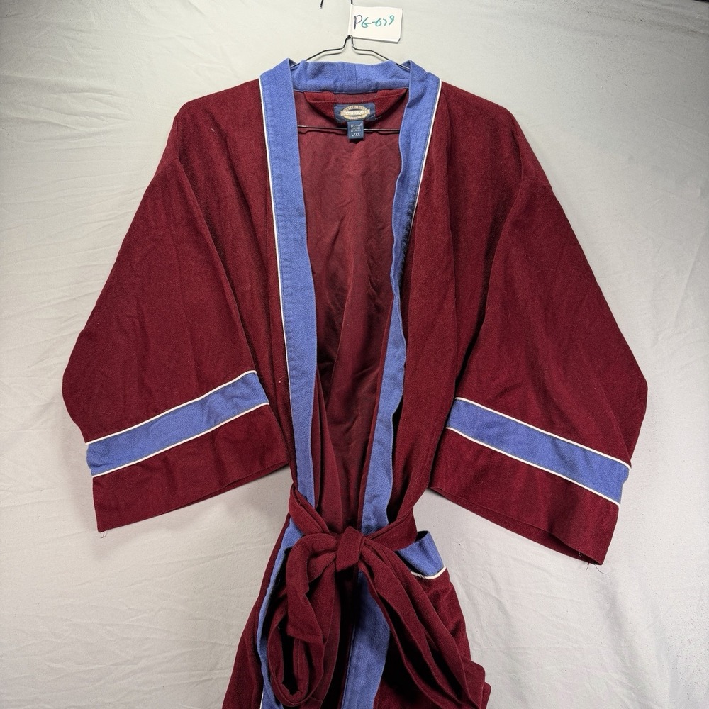 True Vintage 70s Bath Robe Mens Large XL Red Blye Velour Smoking Belted